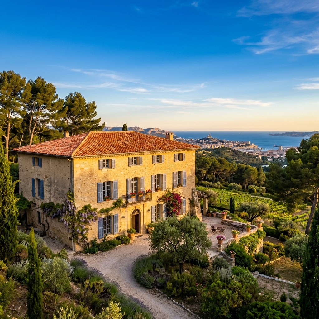 Elegant Provençal bastide with brand new terracotta canal tile roof, deep blue Mediterranean sky, pine trees, distant view of Marseille hills and sea, golden hour warm light, no text, no people, premium architectural photography